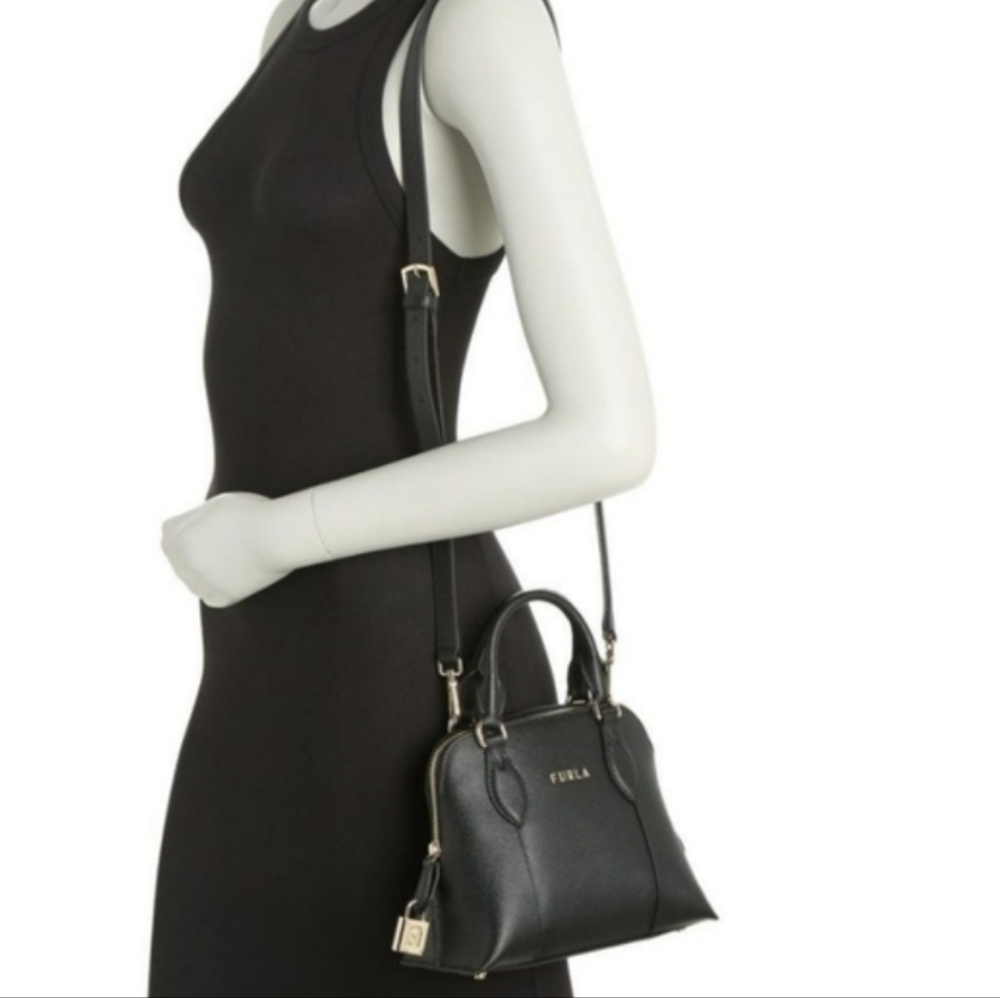 New FURLA Vittoria Top Handle Dome Leather Crossbody Bag in Black